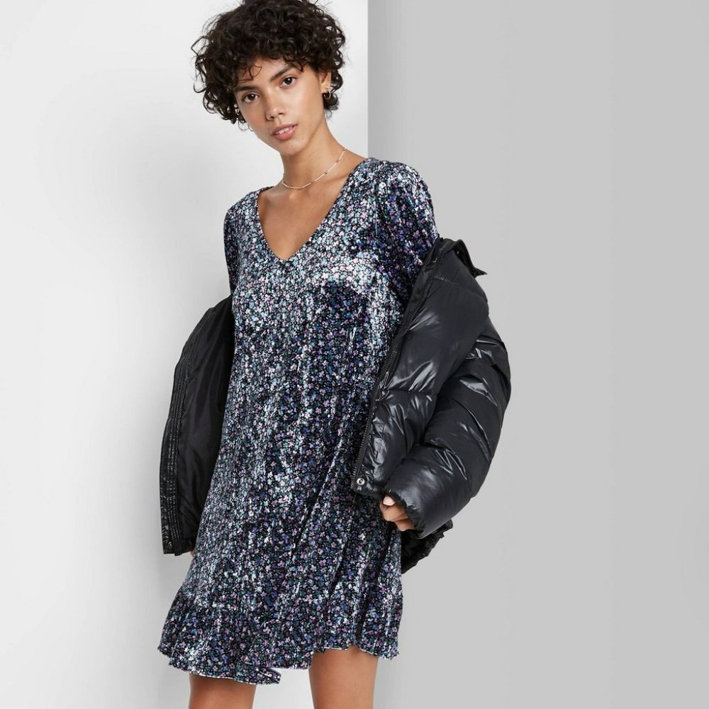 Women' Floral Print Long Sleeve Velvet Drop Hem Dress - Wild Fable™